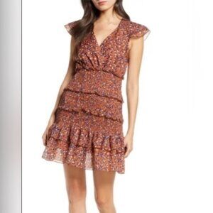 Foxiedox Mini Luna Leopard Print - Tan with Blue Detail - Tiered Ruffle Dress-XS